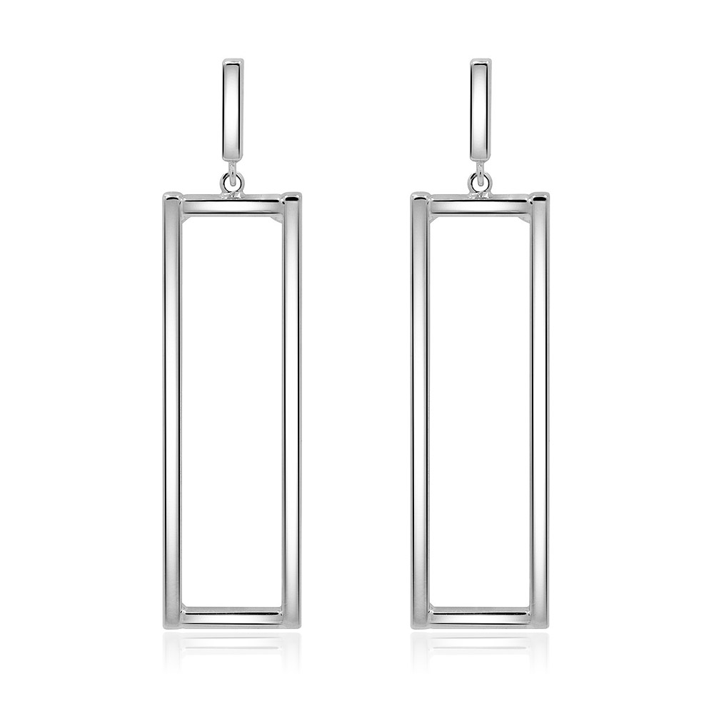 Polished Rhodium Rectangle Long Earrings